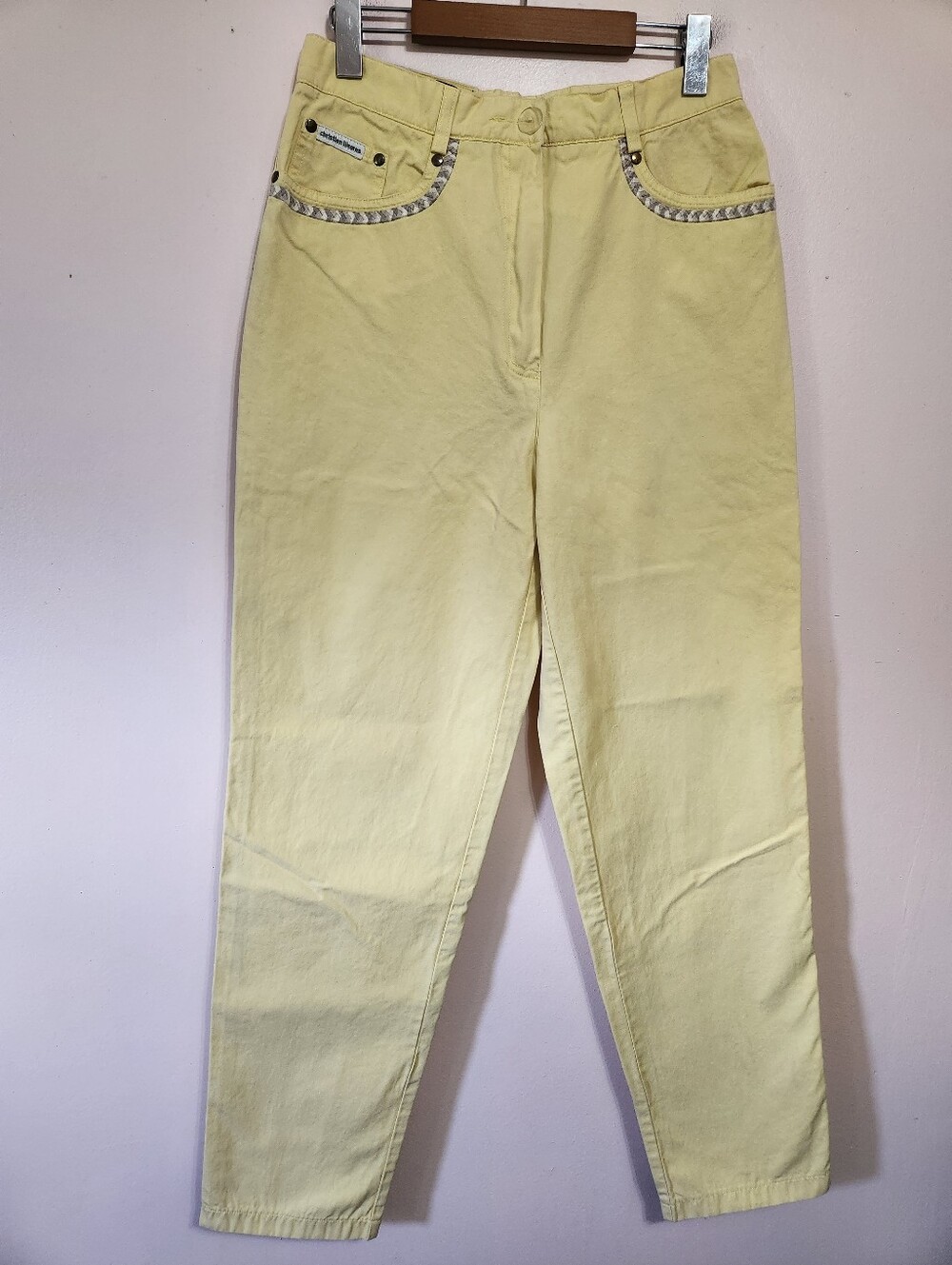 Vintage Christian Llinares Butter Yellow High Rise Pants Woven Trim Y2K McBling